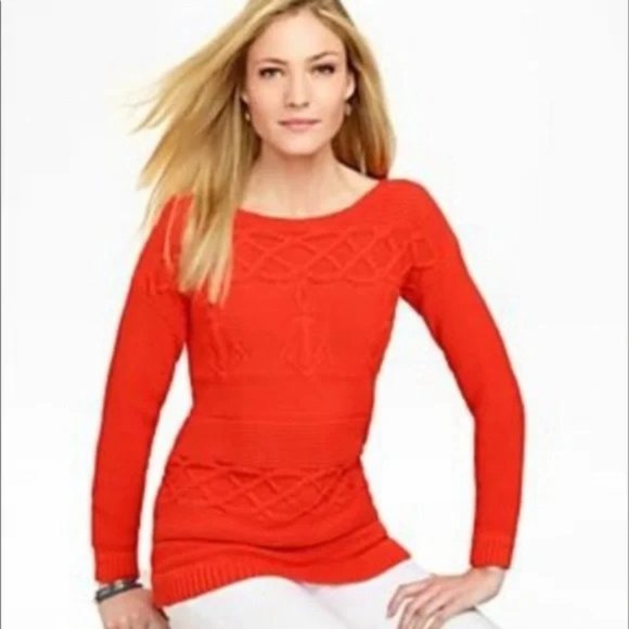 Talbots Long Sleeve Anchors Nautical Cable-Knit Sweater Women's Plus 1X Orange - Picture 1 of 9